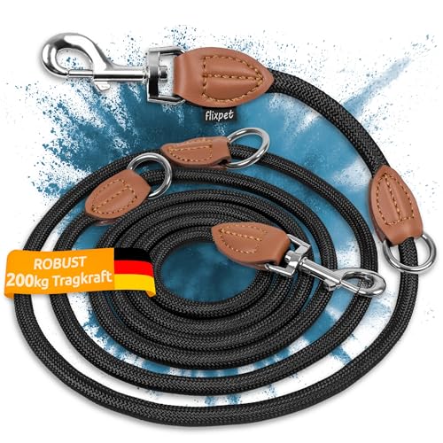 flixpet® - Hundeleine 3m verstellbar für große & mittelgroße Hunde Doppelleine Umhängeleine Führleine aus Paracord robust bis 200kg Tragkraft | 3 Meter lang x 11mm (Schwarz-Braun) von flixpet