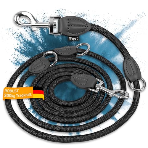 flixpet® - Hundeleine 3m verstellbar für große & mittelgroße Hunde Doppelleine Umhängeleine Führleine aus Paracord robust bis 200kg Tragkraft | 3 Meter lang x 11mm (Schwarz/Schwarz) von flixpet