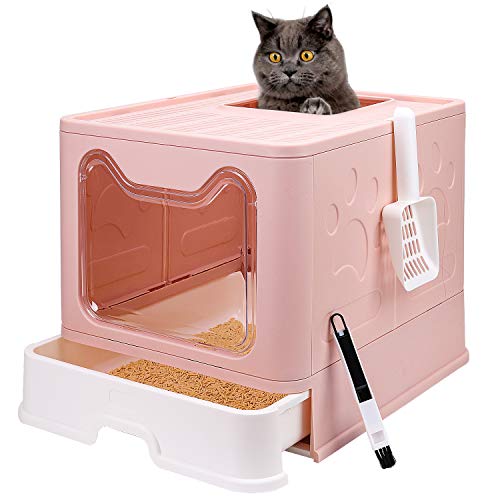 Faltbare Katzentoilette mit Deckel, Geschlossenes Katzentöpfchen, Top Entry Anti-Splashing Katzentoilette, Leicht zu Reinigen Inklusive Katzenstreuschaufel und 2-1 Reinigungsbürste (Rosa) Groß von fophop