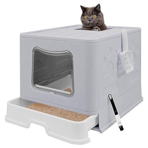 Faltbare XL Katzentoilette mit Deckel, Jumbo Enclosed Cat Potty, Top Entry Anti-Splashing Cat Toilet, Leicht zu Reinigen Inklusive Katzenstreu Schaufel und 2-1 Reinigungsbürste (Grau) Extra Groß von fophop