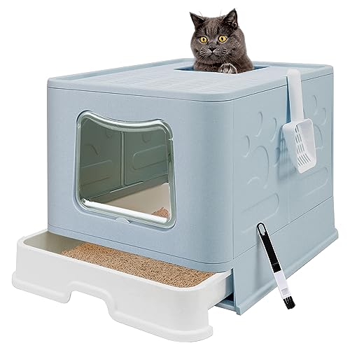 Faltbare Katzentoilette mit Deckel, geschlossene Katzentöpfchen, spritzwassergeschützte Katzentoilette, leicht zu reinigen, inklusive Katzenstreuschaufel und 2-1 Reinigungsbürste, extra groß, blau... von fophop