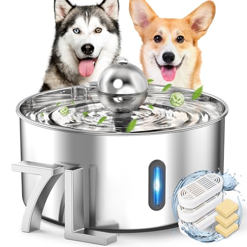 fophop Hunde Wasserbrunnen für Große Hunde, 7L/6,718.8 g/1.8G Edelstahl Hund Wassernapf Spender, Automatischer Haustier Wasserbrunnen mit Ultra-leiser Pumpe, Multi-Filtration, Ideal für Große Hunde & von fophop