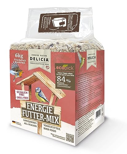 DELICIA® Vogelfutter Energie FutterMix (6kg) · Ganzjahresfutter für Wildvögel & Gartenvögel · Im wiederverschließbaren FrischePack · Streufutter für jeden Vogel · Vogelfutter ganzjährig von delicia