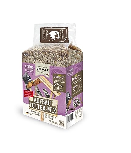 DELICIA® Vogelfutter Aufbau FutterMix (1,2kg) · Ganzjahresfutter für Wildvögel & Gartenvögel · Im wiederverschließbaren FrischePack · Streufutter für jeden Vogel · Vogelfutter ganzjährig von delicia