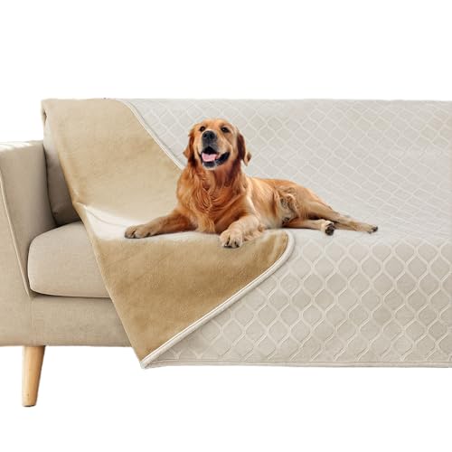 fuguitex Wasserdichte Hundedecke / Bettüberwurf für Hunde mit Kristall-Samt, flauschig, gemütlich, Plüsch-Decke, Überwurf für Couch, Sofa (13,411 cm, cremefarben + sandfarben) von fuguitex