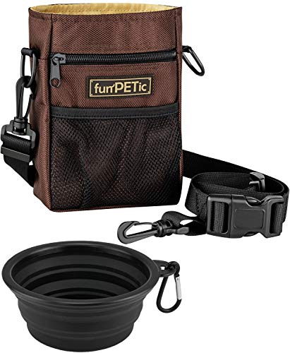 funPETic Futterbeutel + Faltbarer Napf aus Silikon, Leckerlie Beutel - Futtertasche mit 4 Fächern & Tragevarianten, gratis Karabiner, Leckerlibeutel für Hundetraining, Leckerlitasche auch für Pferde von funPETic