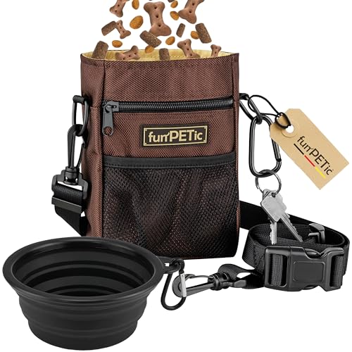 funPETic Futterbeutel + Faltbarer Napf aus Silikon, Leckerlie Beutel - Futtertasche mit 4 Fächern & Tragevarianten, gratis Karabiner, Leckerlibeutel für Hundetraining, Leckerlitasche auch für Pferde von funPETic