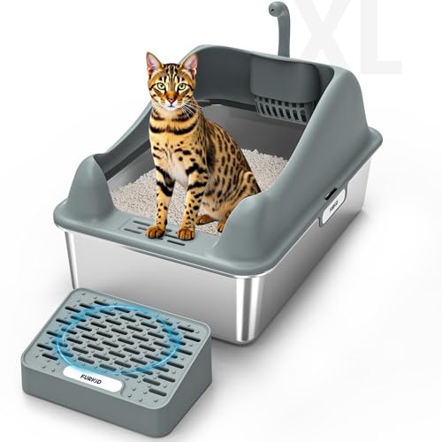 Furkid Geschlossene Edelstahl-Katzentoilette mit Deckel, XL, extra große Katzentoilette für große Katzen, hochseitige Kitty-Metallpfanne mit Pedalfilter und Schaufel, nicht klebrig und auslaufsicher, von furkid