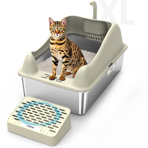 Furkid Geschlossene Edelstahl-Katzentoilette mit Deckel, XL, extra große Katzentoilette für große Katzen, hochseitige Kitty-Metallpfanne mit Pedalfilter und Schaufel, nicht klebrig und auslaufsicher, von furkid