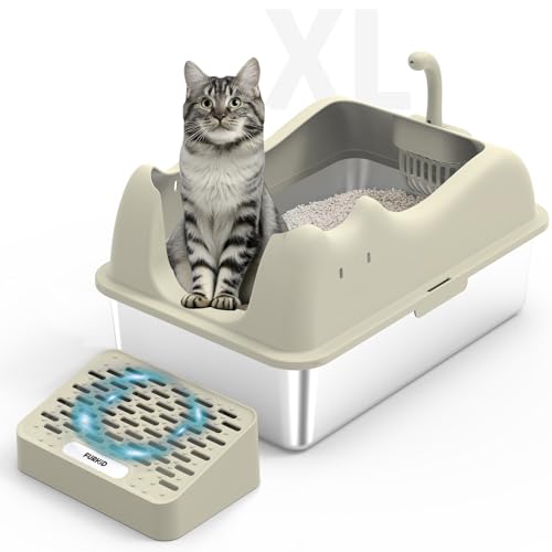 Furkid Geschlossene Katzentoilette Edelstahl mit Deckel, XL Extra Große Katzentoilette für Großkatzen, Metall Hochseitige Katzentoilette mit Schaufel, Antihaft-Anti-Leckage, Einfache Reinigung, Beige von furkid