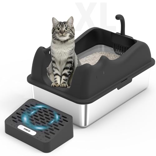 Furkid Geschlossene Katzentoilette Edelstahl mit Deckel, XL Extra Große Katzentoilette für Großkatzen, Metall Hochseitige Katzentoilette mit Schaufel, Antihaft-Anti-Leckage Einfache Reinigung, Schwarz von furkid