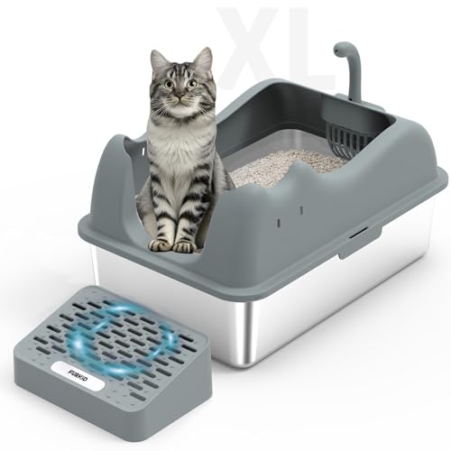 Furkid Geschlossene Katzentoilette aus Edelstahl mit Deckel, XL, extra große Katzentoilette für große Katzen, Metall, hohe Seiten, mit Schaufel, nicht haftend, auslaufsicher, einfache Reinigung, von furkid