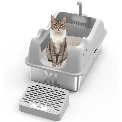 Furkid Geschlossene Katzentoilette aus Edelstahl mit Deckel, XL, extra große Katzentoilette für große Katzen, Metall, hohe Seiten, mit Schaufel, nicht haftend, auslaufsicher, einfache Reinigung, Grau von furkid