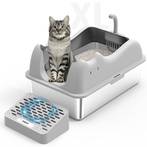 Furkid Geschlossene Katzentoilette aus Edelstahl mit Deckel, XL, extra große Katzentoilette für große Katzen, Metall, hohe Seiten, mit Schaufel, nicht haftend, auslaufsicher, einfache Reinigung, Grau von furkid