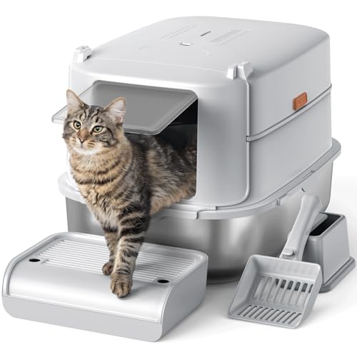 Furkid Katzentoilette aus Edelstahl mit Deckel, XL, extra große Katzentoilette für große Katzen, geschlossene Metall-Kitty-Katzentoilette mit hochseitigem Gehäuse und Schaufel, auslaufsicher, von furkid