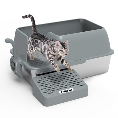 Furkid Katzentoilette aus Edelstahl mit Deckel, XL Extra große Katzentoilette für große Katzen, Geschlossene Metall-Katzentoilette mit lustigem Durchgang, nicht klebrig, Anti-Auslaufen, einfache von furkid