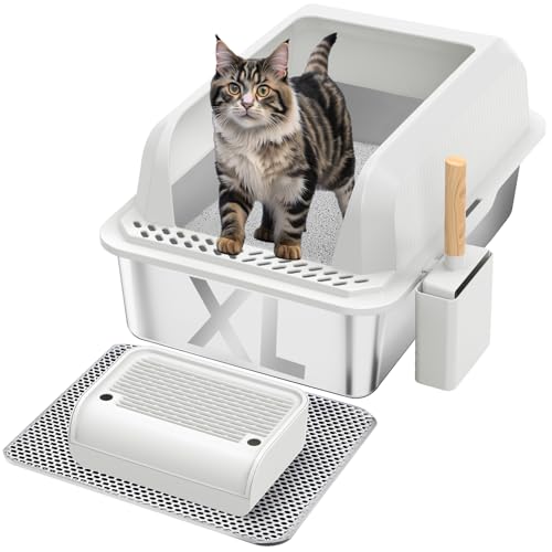 Furkid Katzentoilette aus Edelstahl mit Deckel, XL große Katzentoilette für große Katzen, geschlossene Katzentoilette mit hohen Seiten, auslaufsicher und antihaftbeschichtet, leicht zu reinigen, von furkid