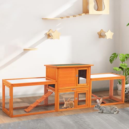 4 Türen, zweistufiger Guinea Pig House, 240x48x79 cm Hühner- und Kaninchenkäfig, orange, mit Abnehmbarer Ablage von furpal