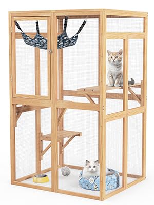 Holzkatencatio, Außeneinrichtung für Katzen, hölzernes Katzenhaus mit 3 Plattformen, Sonnenbrett, Hängematte, Tür, Kätzchenkäfig-Condominium, Burlywood von furpal