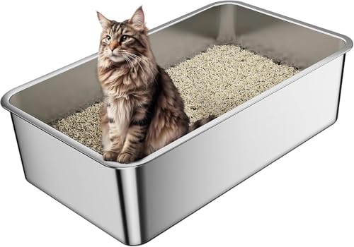 Katzentoilette Edelstahl XXL (60×40×15cm) Litter Box Stainless Steel Katzenklo Katzen Metall, Niemals Gerüche Fleckfrei Rostfrei Antihaft Glatte Oberfläche Anti-Rutsch Gummiboden von fuzhik