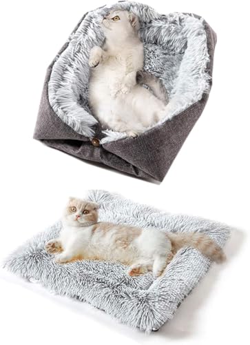 fuzhik Katzenbett 2 in 1 Flauschig katzenkissen Plüsch Weich Katzenkissen Waschbar Schlafplatz Katzensofa, Haustierbett Hundebett Katzendecke für Katze und Kleine Hunde (Grau) von fuzhik