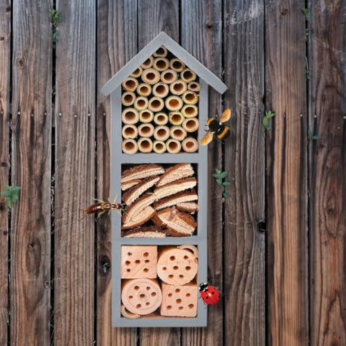 Garden Mile Umweltfreundliches Insektenhaus aus Holz, grau, freistehend, Naturholz, Insektenhaus, Hängehütte für Bienen, Schmetterlinge und Käfer von garden mile