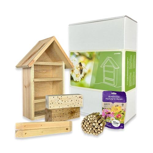 GARTENETAGE DIY Bienenhotel Geschenkset – Natürliches Bienenparadies aus Bambus & Vollholz, Inklusive Blumenwiese Mischung, Einfache Montage, Naturliebhaber von gartenetage