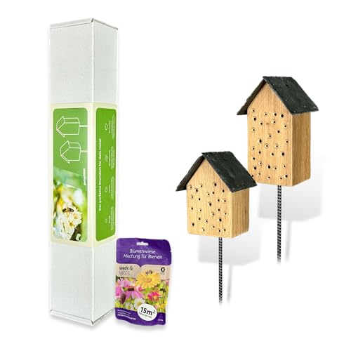 GARTENETAGE Geschenkset Bienenoase – Wildbienenhotel aus Eichenholz mit Schieferdach & Blumenwiese Mischung – Perfekt für Garten & Balkon – Nachhaltige Nisthilfe für Bienen & Bestäuber von gartenetage