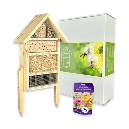 GARTENETAGE Geschenkset Insektenhotel – Nachhaltiges Insektenhotel mit Blumenwiese-Saatgutmischung Gartenliebhaber – Natürliche Materialien, fertig montiert, mit Holzpfählen von gartenetage