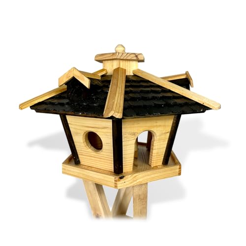 GARTENETAGE Großes Sechseckiges Vogelhaus aus Holz - Wetterbeständiges Vogelfutterhaus 51x33x46 cm - Mit Holzschindeldach, Futterbehälter und Zierleisten - Ideal für Garten und Terrasse (mit Ständer) von gartenetage