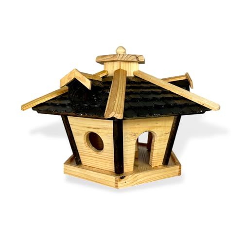 GARTENETAGE Großes Sechseckiges Vogelhaus aus Holz - Wetterbeständiges Vogelfutterhaus 51x33x46 cm - Mit Holzschindeldach, Futterbehälter und Zierleisten - Ideal für Garten und Terrasse (ohne Ständer) von gartenetage