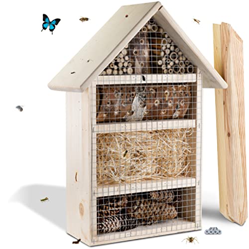 GARTENETAGE Insektenhotel/Naturbelassenes Insektenhaus und Bienenhotel/massives Insektenhotel zum Aufstellen mit Pfählen/Marienkäferhaus/Nisthilfe & Artenschutz für Balkon & Garten von gartenetage