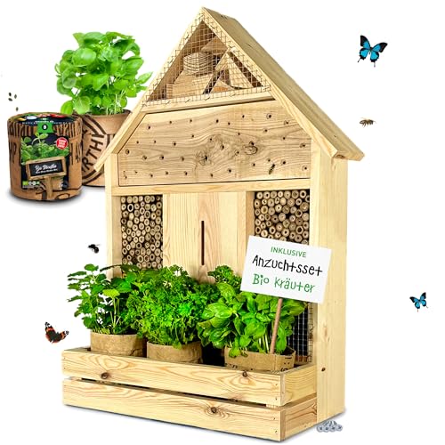 GARTENETAGE Insektenhotel zum Aufhängen XXL mit Pflanzenbalkon Kräuterparadies/Naturbelassenes, massives Insektenhaus & Bienenhotel/Insektenhotel Groß, Marienkäferhaus/Nisthilfe & Artenschutz von gartenetage