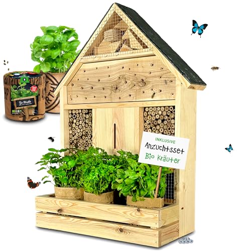 GARTENETAGE Insektenhotel zum Aufhängen mit Pflanzenbalkon Kräuterparadies und Schieferdach/Naturbelassenes, massives Insektenhaus, Bienenhotel, Marienkäferhaus/Nisthilfe & Artenschutz von gartenetage