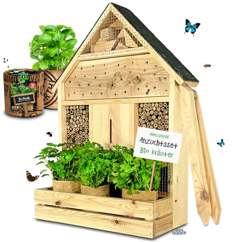 GARTENETAGE Stehendes Insektenhotel mit Pflanzenoase Kräuterparadies und Schieferdach/Naturbelassenes, massives Insektenhaus & Bienenhotel/Insektenhotel XXL zum Aufstellen/Nisthilfe & Artenschutz von gartenetage