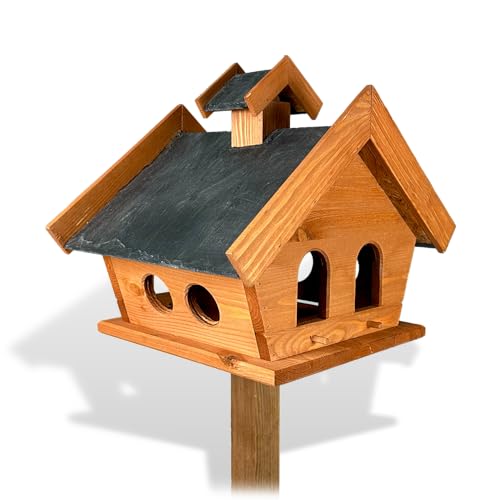 GARTENETAGE Vogelhaus Schiefer mit 2in1 Ständer/Vogelhaus mit Ständer wetterfest und stabil/Vogelfutterhaus mit Ständer/Robustes Vogelhäuschen für Balkon und Garten von gartenetage