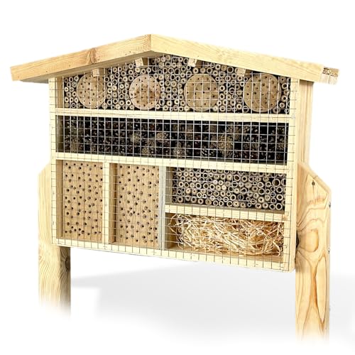 GARTENETAGE XXL Insektenchalet/Bienenhotel Groß zum Aufstellen/Insektenhotel XXL aus Massiv-Holz für Bienen, Marienkäfer & Florfliegen/Nisthilfe & Artenschutz für Balkon & Garten von gartenetage