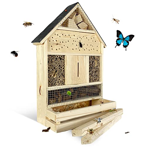 GARTENETAGE Stehendes Insektenhotel XXL mit Pflanzenoase & Schieferdach/Naturbelassenes, massives Insektenhaus & Bienenhotel/Insektenhotel zum Aufstellen/Nisthilfe & Artenschutz von gartenetage