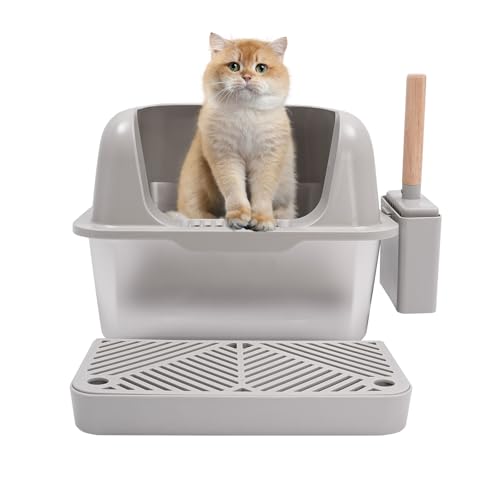 Hellgrau Katzenklo Edelstahl mit Deckel,20L Katzentoilette Halboffenes Design,Non-Sticky, Anti-Leakage,inklusive Schaufel und Katzenstreumatte von gegeweeret