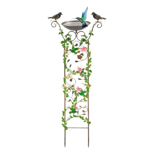 gegeweeret Gartenpflanzengitter mit Vogelbad & Futterstelle – Rankhilfe aus Eisen (rostfrei) + Dekorative Vögel/Schmetterlinge, 36,5x100 cm, für Garten, Balkon (Vögel) von gegeweeret