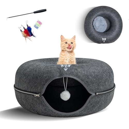 Katzentunnelbett für Indoor-Katzen, große Katzenhöhle mit robustem Metall-Reißverschluss, kratzfest und waschbar, 61 cm, Katzen-Donut-Tunnel mit 2 Spielzeugen und 1 Kissen, abnehmbarer runder Filz, von generic