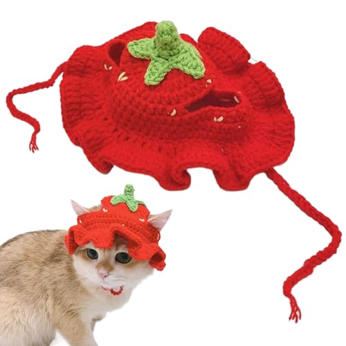 ggtuyt Bekleidung gestrickte Häkelkatze Hüte mit Krawattenseil, Erdbeer -Katzen -Outfits, komfortable süße Katzenzubehör für Welpenkatze Kätzchen Kaninchen von ggtuyt