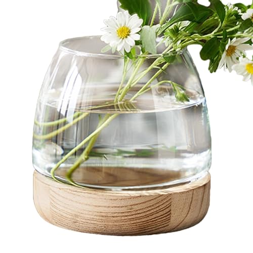 Hydrokultur-Pflanzenvase | Klare Vase für Aquarien mit Holzsockel | Ökologisches Aquarium | Blumenvase Mittelstück | Dekorative Glasschale für Hochzeit, Heimdekoration von gifyym