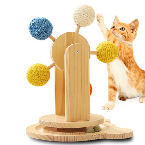 goldmiky Interaktives Katzenspielzeug Holz - Katzenspielzeug Interaktiv mit Drehtelle, Einzigartige Riesenradform, Katzen Intelligenzspielzeug mit Rotierender Kugel aus Sisal Seil von goldmiky