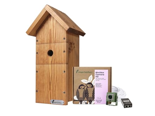 Green Feathers 1080p Kabelgebundene Wildkamera mit Vogelkasten, Holz-Chalet-Stil, IP-PoE-Vogelbox-Kamera, Live-Uhr auf Telefon, Tablet oder PC, 20 m PoE-Kabel, EU-Netzteil, Starterpaket von greenfeathers