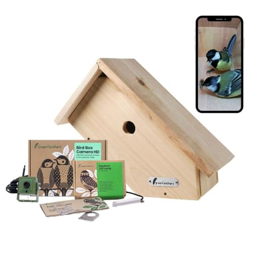 Green Feathers Wildlife WiFi Side View Birdhouse Full HD 1080p Camera Complete Pack, Including 10m Extension Cable, LED Lamp, Protective Steel Plates & Wooden Bird Box von greenfeathers