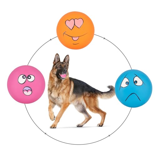 gulucute Quietschendes Hundespielzeug, lustiges Emoji-Latex, quietschende Hundebälle, große Größe, Kaugummi, weich, interaktiv, Apportierspiel, Hundebälle für große Hunde (3 Stück) von gulucute