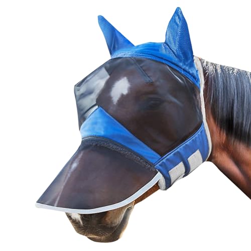 Pferde Fliegenmaske, Fliegenmaske Fly Professional, Pferde Fliegenmaske Lange Nase, Leuchtendes Pferde Fliegenmaske Lange Nase, Netzstoff, mit Ohren UV-Schutz für Pferd, Dunkelblau (L) von gvivej