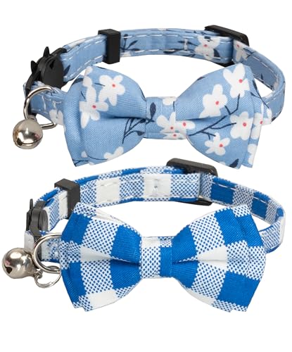 Gyapet Katzenhalsband, Sicherheitsgurt, mit Glöckchen, Fliege, kariert, Blumenmuster, 17,8–27,9 cm, Blau von gyapet