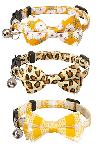 Gyapet Katzenhalsband-Set, 3-teilig, Leopardenmuster, solides Blumenmuster, Fliege, Glocke, Sicherheitsfrühling, Kätzchen, Breakaway [3 Stück], Gelb 2 von gyapet